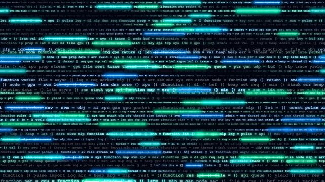 Datastream Dynamic Neon Code Streams Across a Digital Cyber Network Scene for Tech Data Visualization