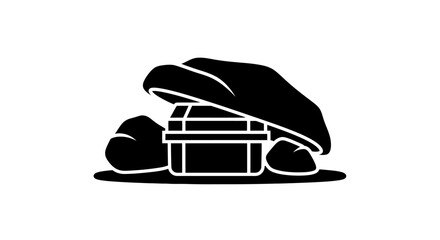Treasure chest sits partially buried beneath a large rock, suggesting a hidden cache of wealth waiting to be discovered in a mysterious landscape. © Mezzy