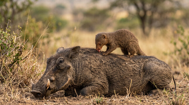 Close up of Common Dwarf Mongoose (Helogale parvula) grooming and eating ticks on warthog's body, African savanna, South Africa.
