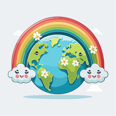 Naklejka premium Cute Cartoon Earth with Rainbow and Clouds