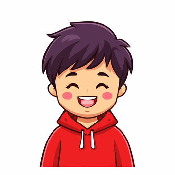 Smiling cartoon boy in red hoodie.