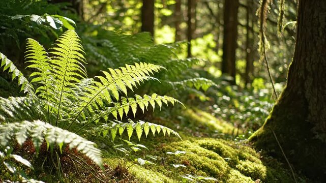 Forest floor with ferns and sunlight