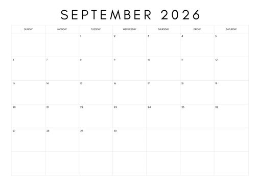 September 2026 calendar isolated on white background for planning and organization