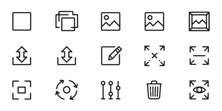 Graphic editor control icons set for image adjustments scaling rotation and filter settings display.