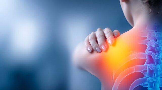 Person experiencing shoulder pain with highlighted skeletal system