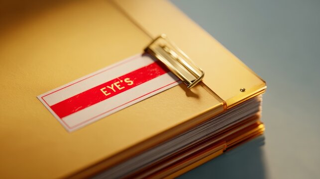 Yellow office file folder with red label and metal clip closeup