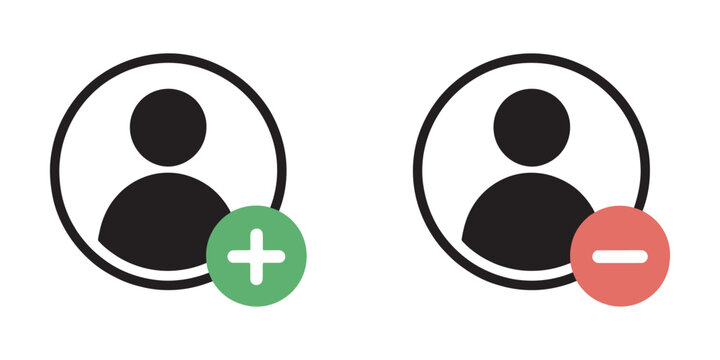 User Profile Icon Vector Illustration with Add and Remove Buttons, Isolated on Transparent Background for Account Management and Social Media Interface Design.