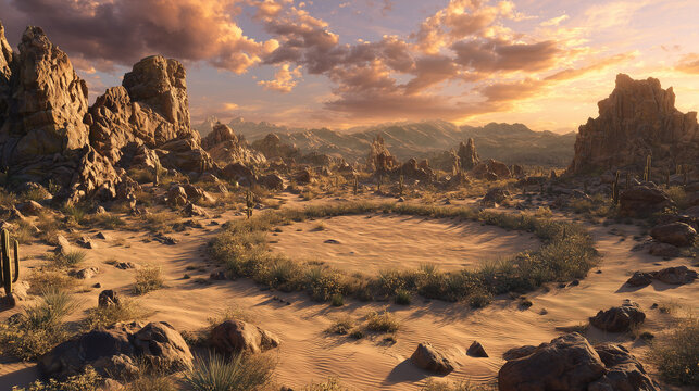 Rocky Desert Landscape with Mountains and Dramatic Sky Cinematic Nature Scene