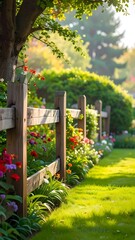 Obraz premium Rustic Wooden Fence In A Lush Summer Garden With Vibrant Blooming Flowers Under Warm Golden Sunlight Digital Illustration
