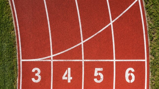 Top view of red running track lanes numbered three to six.