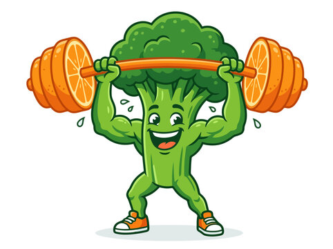 Muscular broccoli character lifting orange barbell to represent fitness