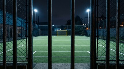 Illuminated empty artificial turf soccer pitch at night seen through a fence. © underground