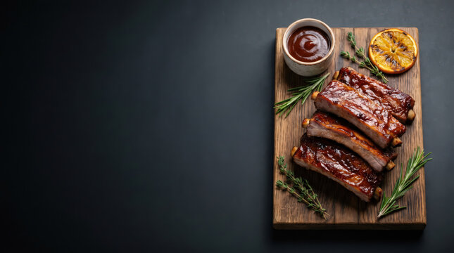 Barbecue pork ribs glazed with rich sauce on wooden board with herbs plus grilled citrus styled as premium food banner for restaurant menu catering promotion copy space concept design