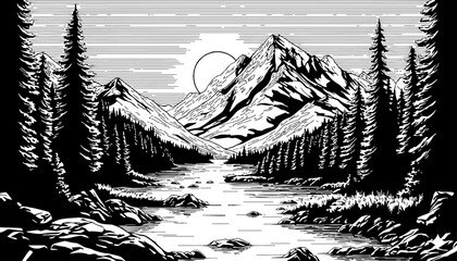 Obraz premium Monochromatic Mountain River Landscape with Pine Trees and Sun in Engraved Woodcut Style Black White Art