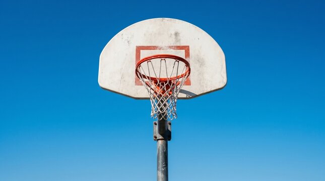 Outdoor basketball hoop against a clear blue sky background.