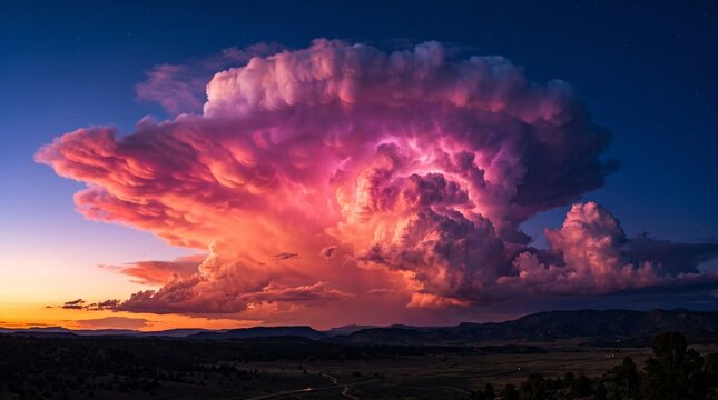 Dramatic pink glowing storm cloud at sunset over dark landscape.