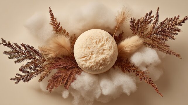 Creamy sphere on fluffy white material encircled by dried brown fern leaves and light feathery plumes Neutral beige background
