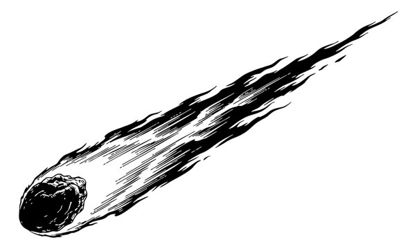 Engraved Black and White Illustration of a Comet Streaking Across the Sky with Fiery Trail