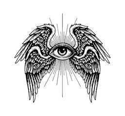 Obraz premium All Seeing Eye with Many Eyes on Wings and Radiant Rays Detailed Black and White Engraving Style