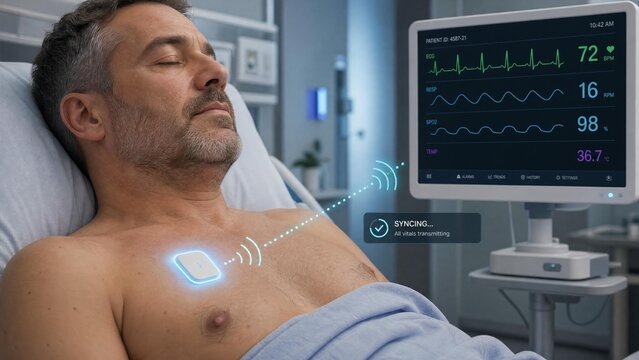 Patient in Hospital Bed with Wireless Wearable Health Monitoring Sensor and Vital Signs Monitor