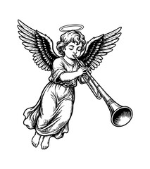 Obraz premium Flying Angelic Cherub Playing a Trumpet with Serene Expression in Detailed Black and White Line Art
