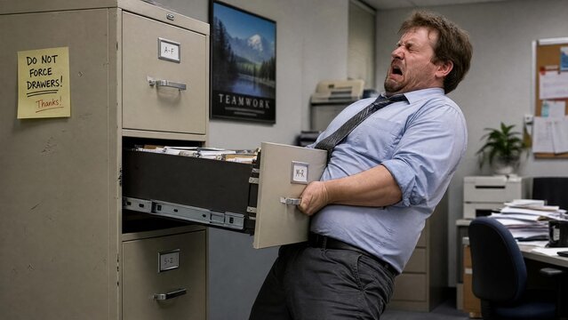 Stressed Businessman Struggling to Open Stuck Filing Cabinet Drawer in Office Interior