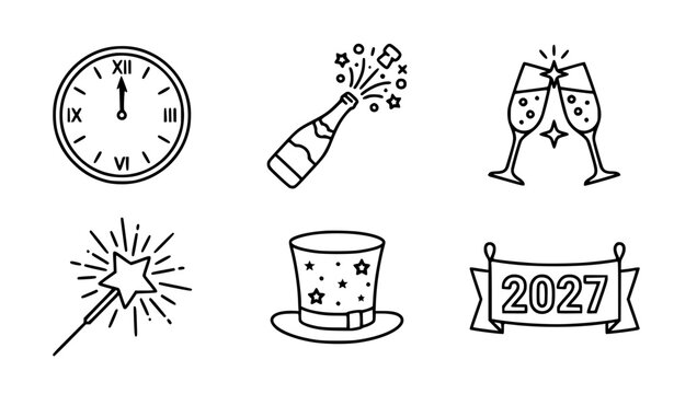 Clean black and white outline vector New Year celebration icons illustration set simple minimalist drawing of clock champagne and sparkler