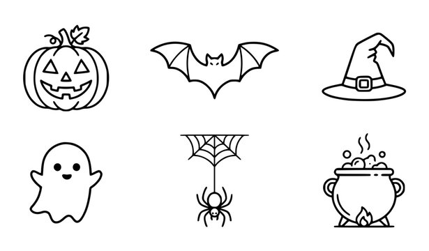 Minimalist Halloween symbols vector illustration set clean black and white outline of pumpkin bat ghost and witch hat