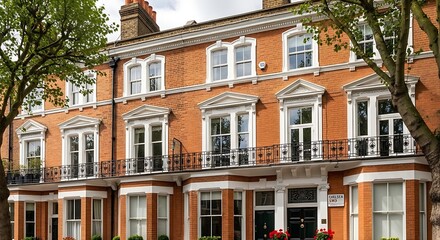Fototapeta premium Elegant Red Brick Townhouses with White Trim on Tree Lined Urban Street