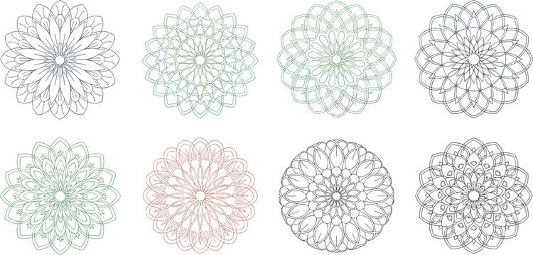 Delicate floral mandala outline vector collection with circular rosette patterns for decorative ornament and coloring design
