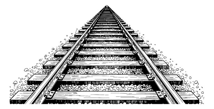 Perspective view of a railway track with sleepers and gravel in a detailed black and white illustration