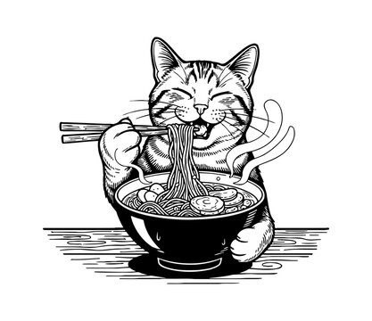 A happy cat happily eating steaming ramen noodles with chopsticks in a joyful black and white illustration