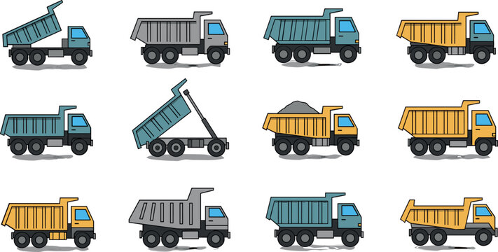Dump truck icon set with construction transport vehicle tipper lorry symbols in clean flat outline style for web and app design