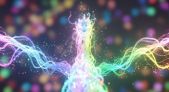 Vibrant colorful neuron light trails background.