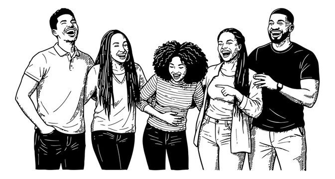 Diverse Young Friends Laughing Joyfully Together in a Group with Happy Expressions Black and White Vector Illustration