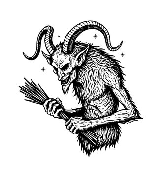 Evil Krampus creature with horns and furry body holding bundle of sticks with menacing expression