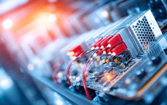Closeup of electronic circuit board with wires and components
