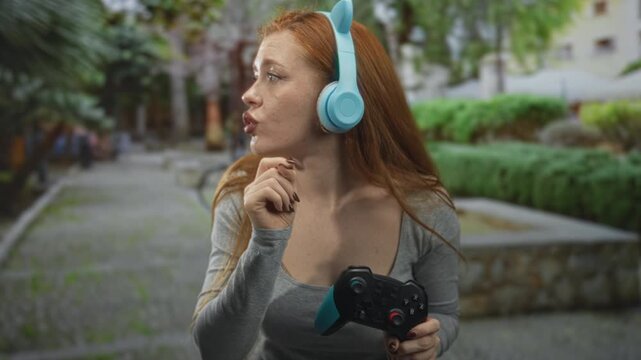 Redhead woman wearing blue cat ear headphones grips a black gamepad and places index finger to lips for silence on a street; playful secrecy.