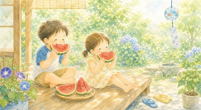 縁側に座ってスイカを美味しそうに頬張る男の子と女の子。風鈴と紫陽花、朝顔のある日本の夏休みの水彩イラスト。