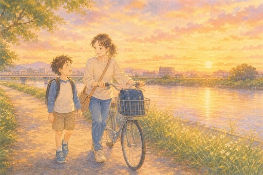 夕焼けに染まる河川敷で、リュックを背負った男の子と母親が自転車を押しながら家へ帰る、温かな日常の水彩イラスト。