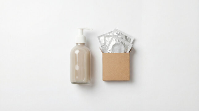 Pump bottle with condom packets in minimal studio layout on white background presenting intimate wellness safe sex hygiene contraception reproductive health protection care retail product concept