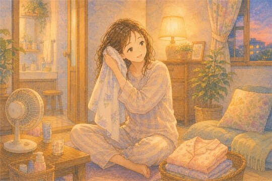 夕焼け空の窓を背景に、髪をタオルで拭くパジャマ姿の女性が扇風機の前でリラックスする、お風呂上がりの日常の水彩イラスト。