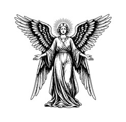 Fototapeta premium Divine Angel Woman Standing with Outstretched Arms and Serene Expression Wearing Flowing Robe and Large Wings
