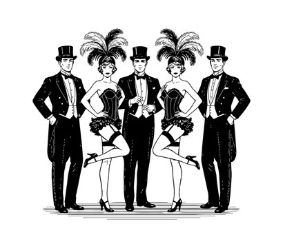 Elegant Cabaret Dancers and Gentlemen in Tuxedos Performing a Festive Stage Show in Vintage Style Drawing