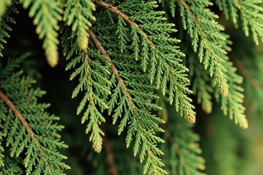 Close up of Japanese cypress Hinoki tree branches with green foliage. Evergreen conifer plant needles and young cones show natural texture. Fresh botanical detail in soft light.