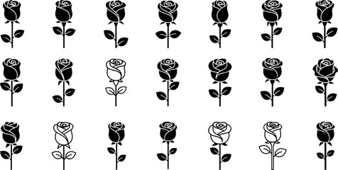 Elegant rose silhouette icon set featuring floral shapes in minimal black style for logos branding tattoos and decoration © MDNUR