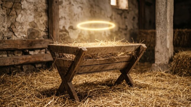 Empty wooden manger with glowing halo in straw barn. Nativity scene representing birth of Jesus. Religious catholic symbol of Christmas season, humble stable setting and divine light.