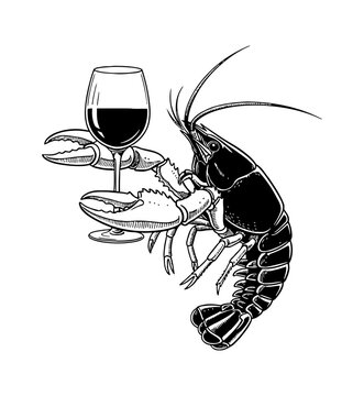 Detailed Black and White Lobster Claws Holding a Full Glass of Red Wine Line Art Illustration