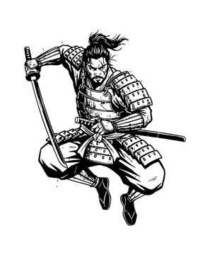 Japanese Samurai Warrior in Dynamic Attack Pose with Katana Sword and Fierce Expression Black and White Illustration