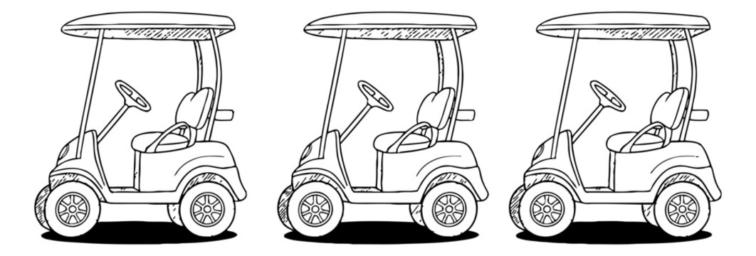 Three identical golf carts simple black and white line art vector illustration for sport and leisure